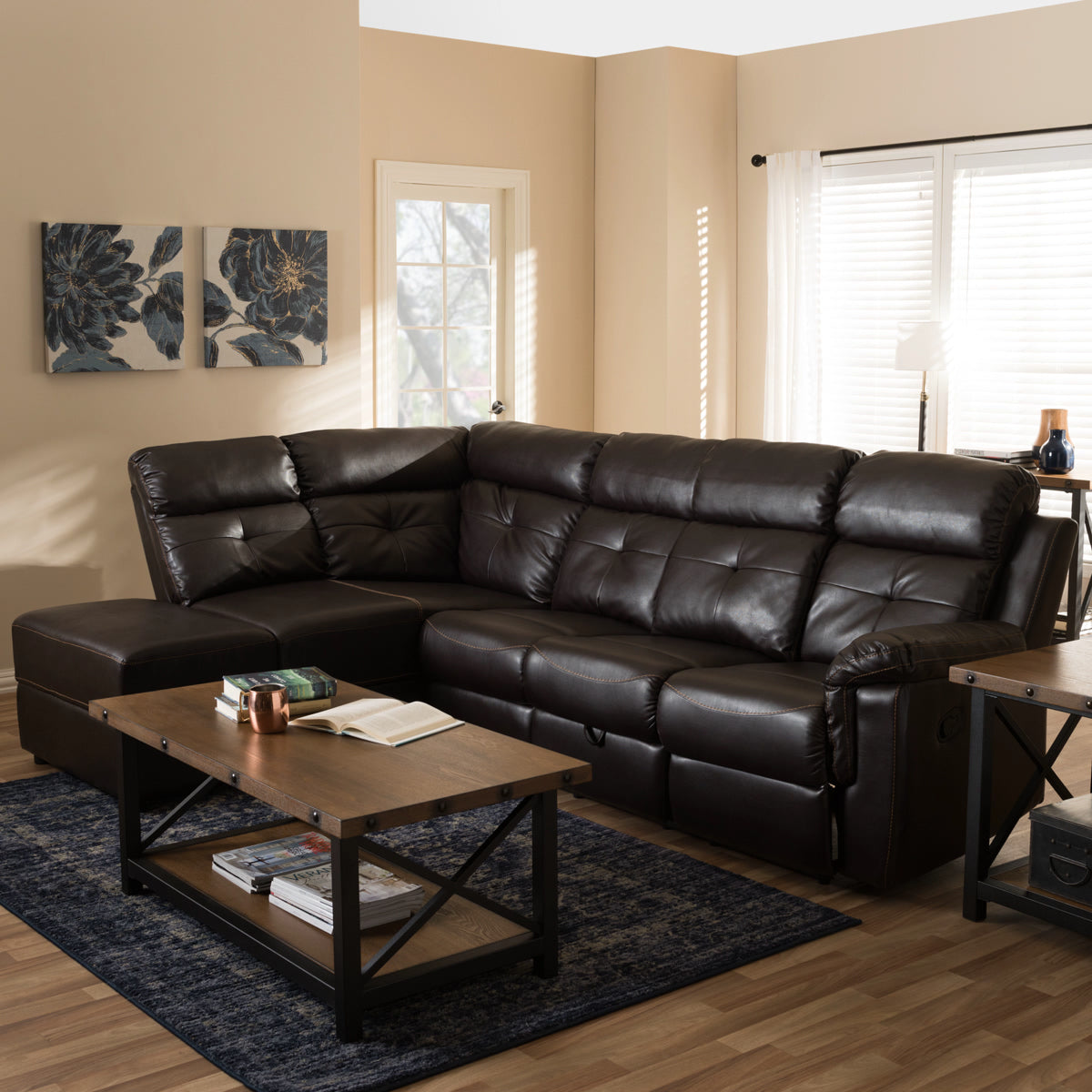 Baxton Studio Roland Modern and Contemporary Dark Brown Faux Leather 2-Piece Sectional with Recliner and Storage Chaise Baxton Studio-sectionals-Minimal And Modern - 1