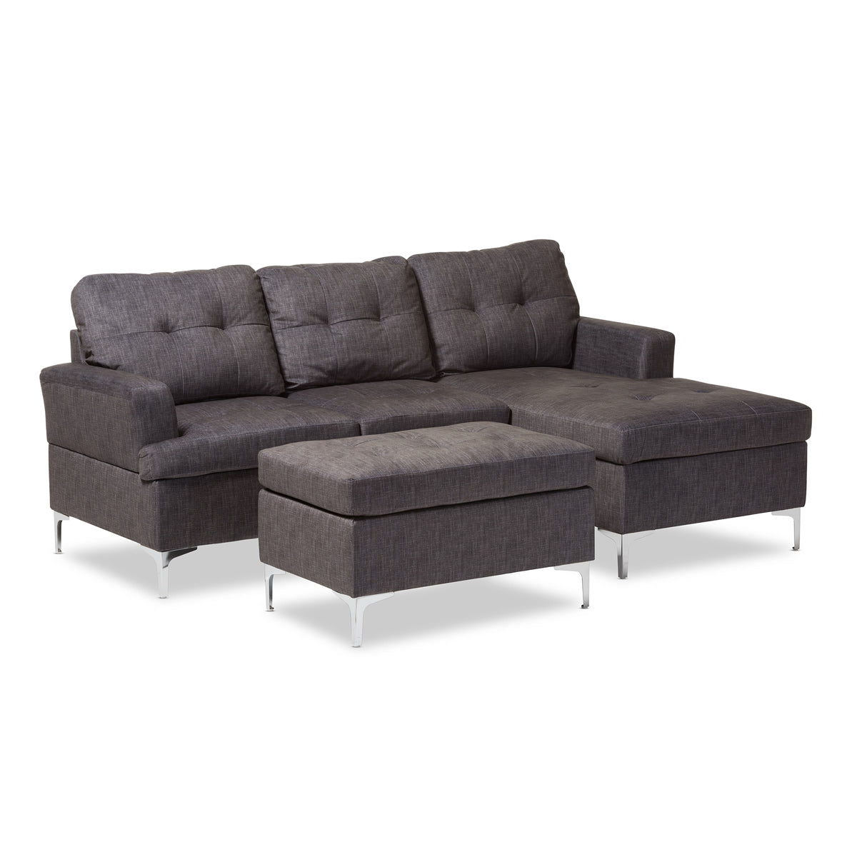 Baxton Studio Riley Modern and Contemporary Grey Fabric Upholstered 3-Piece Sectional Sofa with Ottoman Set Baxton Studio-sectionals-Minimal And Modern - 2
