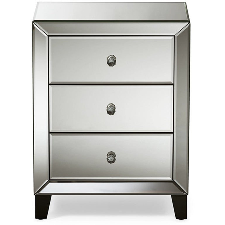 Baxton Studio Chevron Modern and Contemporary Hollywood Regency Glamour Style Mirrored 3-Drawers Nightstand Bedside Table Baxton Studio-nightstands-Minimal And Modern - 1