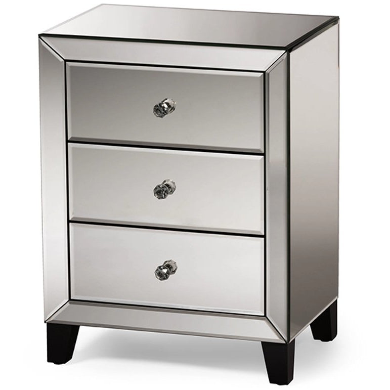 Baxton Studio Chevron Modern and Contemporary Hollywood Regency Glamour Style Mirrored 3-Drawers Nightstand Bedside Table Baxton Studio-nightstands-Minimal And Modern - 2