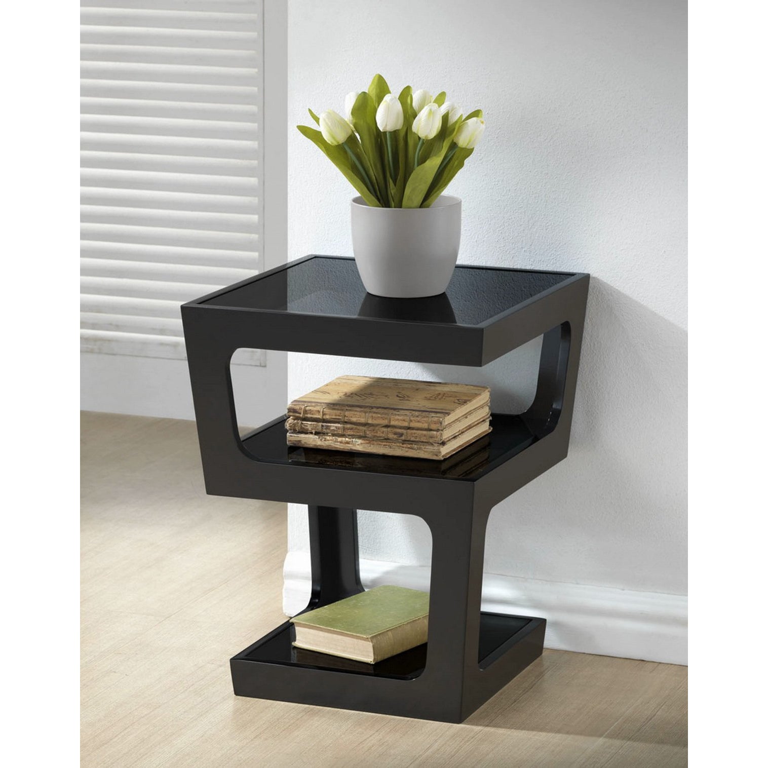 Baxton Studio Clara Black Modern End Table with 3-Tiered Glass Shelves Baxton Studio-coffee tables-Minimal And Modern - 4