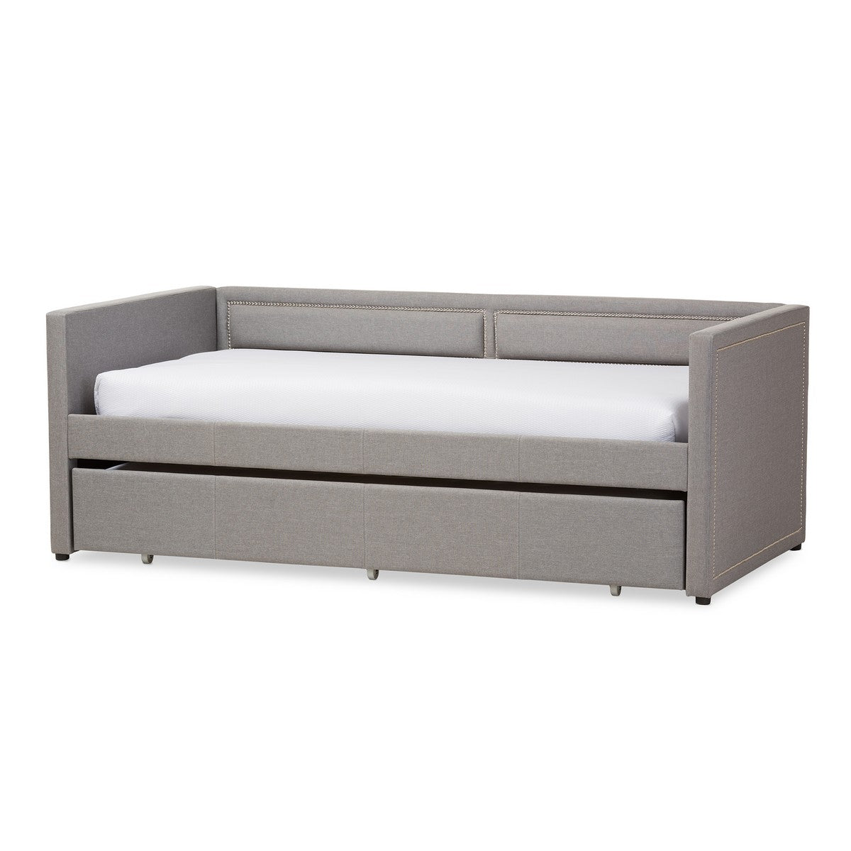 Baxton Studio Raymond Modern and Contemporary Grey Fabric Nail Heads Trimmed Sofa Twin Daybed with Roll-Out Trundle Guest Bed Baxton Studio-daybed-Minimal And Modern - 1
