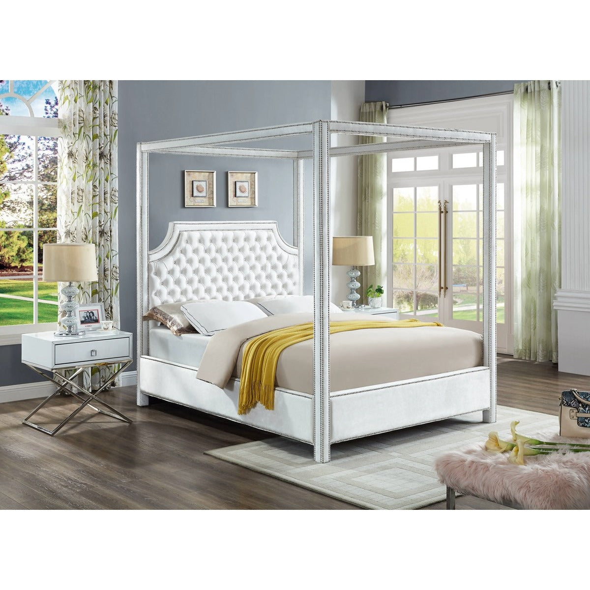 Meridian Furniture Rowan White Velvet Queen Bed-Minimal & Modern