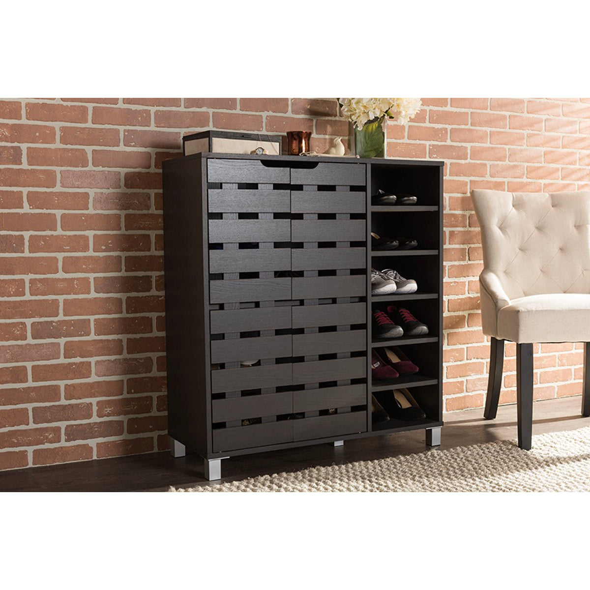 Baxton Studio Shirley Modern and Contemporary Dark Brown Wood 2-Door Shoe Cabinet with Open Shelves Baxton Studio--Minimal And Modern - 5