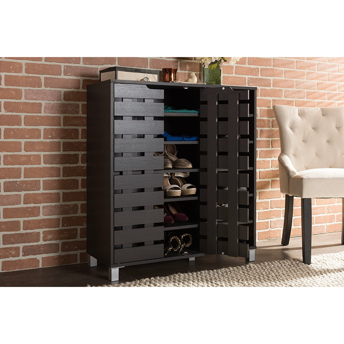 Baxton Studio Shirley Modern and Contemporary Dark Brown Wood 2-Door Shoe Cabinet with Open Shelves Baxton Studio--Minimal And Modern - 6