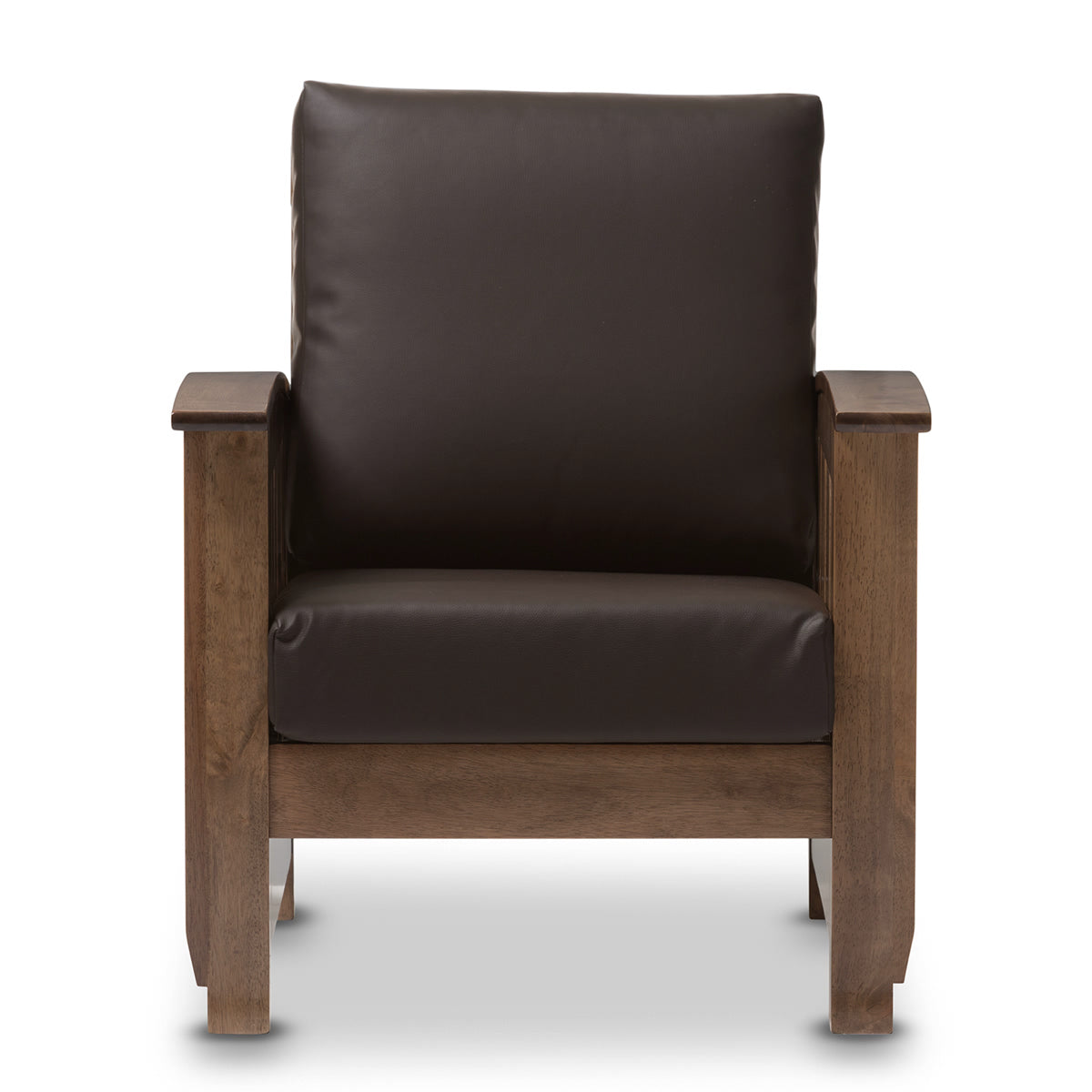 Baxton Studio Charlotte Modern Classic Mission Style Walnut Brown Wood and Dark Brown Faux Leather 1-Seater Lounge Chair Baxton Studio-chairs-Minimal And Modern - 2
