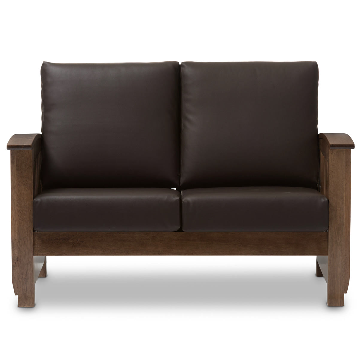 Baxton Studio Charlotte Modern Classic Mission Style Walnut Brown Wood and Dark Brown Faux Leather 2-Seater Loveseat Baxton Studio-sofas-Minimal And Modern - 1
