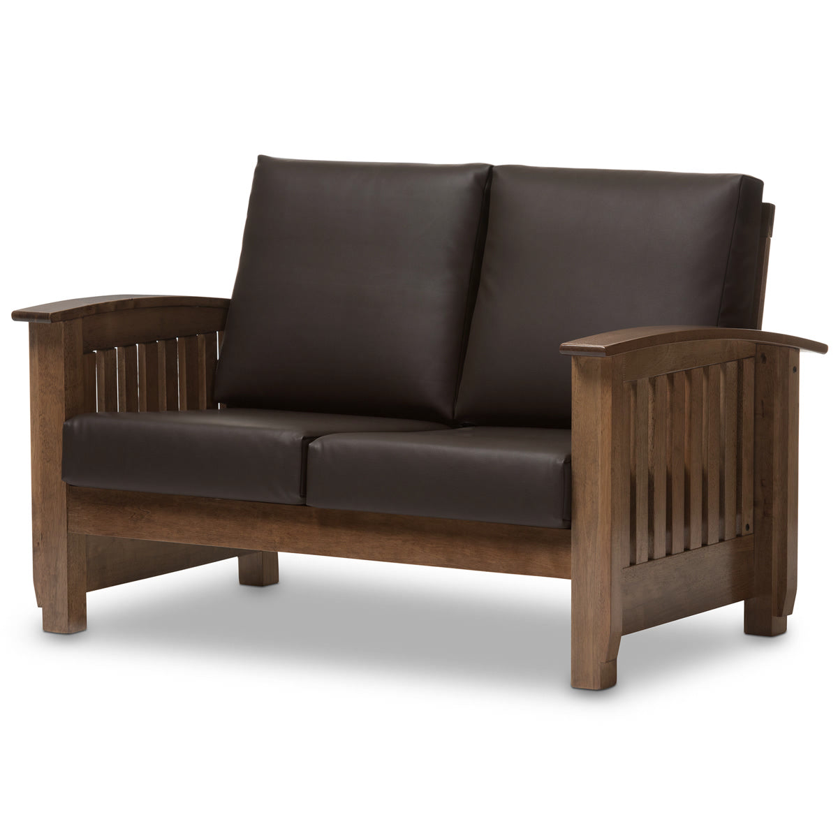 Baxton Studio Charlotte Modern Classic Mission Style Walnut Brown Wood and Dark Brown Faux Leather 2-Seater Loveseat Baxton Studio-sofas-Minimal And Modern - 2