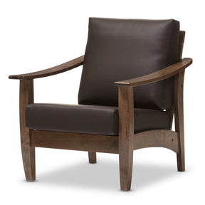 Baxton Studio Pierce Mid-Century Modern Walnut Brown Wood and Dark Brown Faux Leather 1-Seater Lounge Chair Baxton Studio-chairs-Minimal And Modern - 3