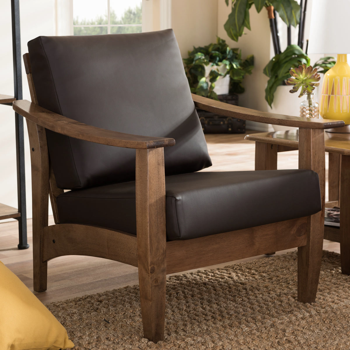 Baxton Studio Pierce Mid-Century Modern Walnut Brown Wood and Dark Brown Faux Leather 1-Seater Lounge Chair Baxton Studio-chairs-Minimal And Modern - 1