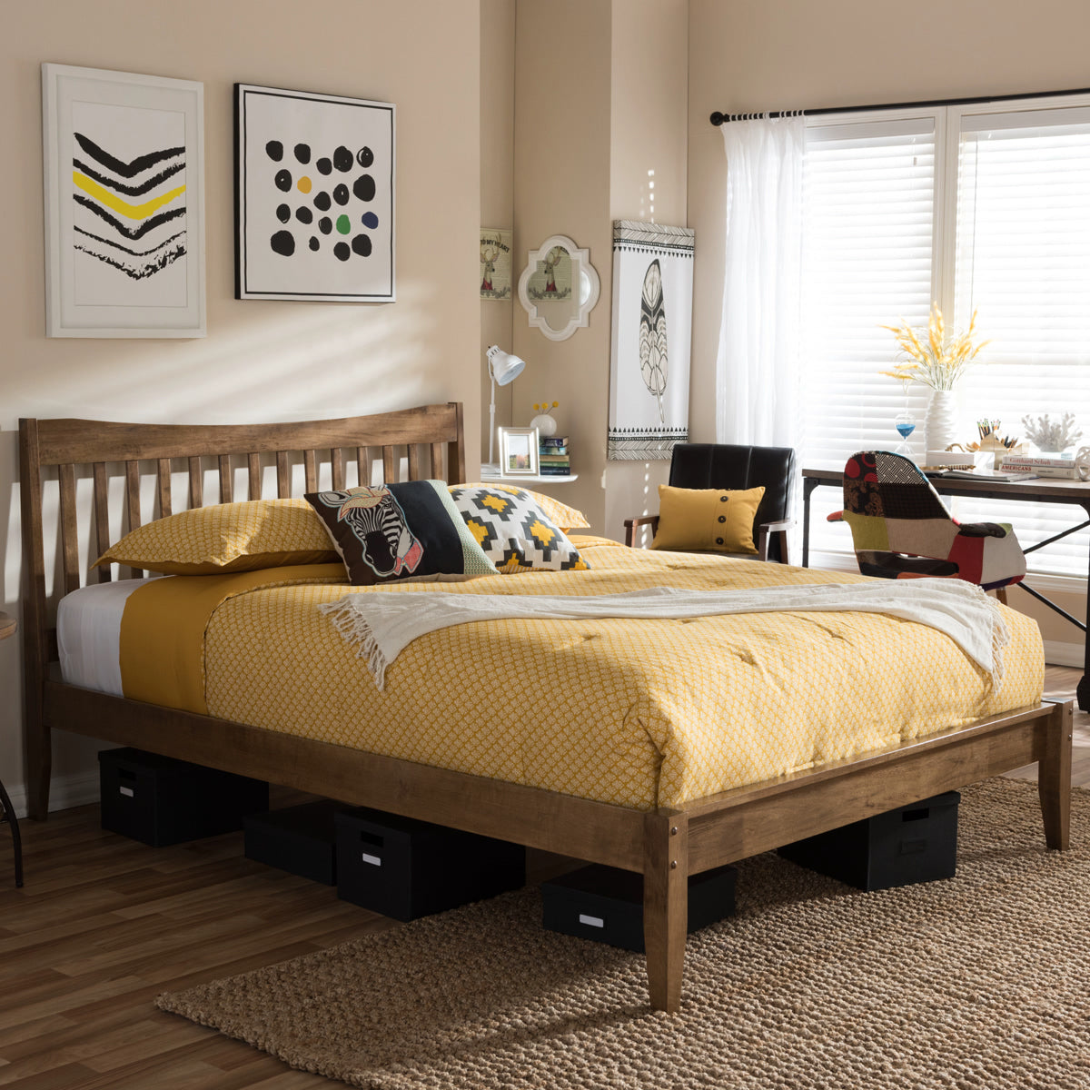 Baxton Studio Edeline Mid-Century Modern Solid Walnut Wood Curvaceous Slatted Queen Size Platform Bed  Baxton Studio-Queen Bed-Minimal And Modern - 1