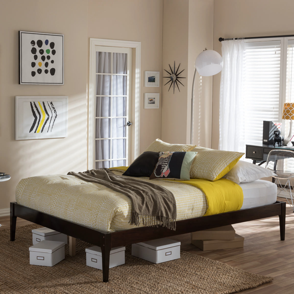 Baxton Studio Bentley Mid-Century Modern Cappuccino Finishing Solid Wood Queen Size Bed Frame  Baxton Studio-Queen Bed-Minimal And Modern - 1