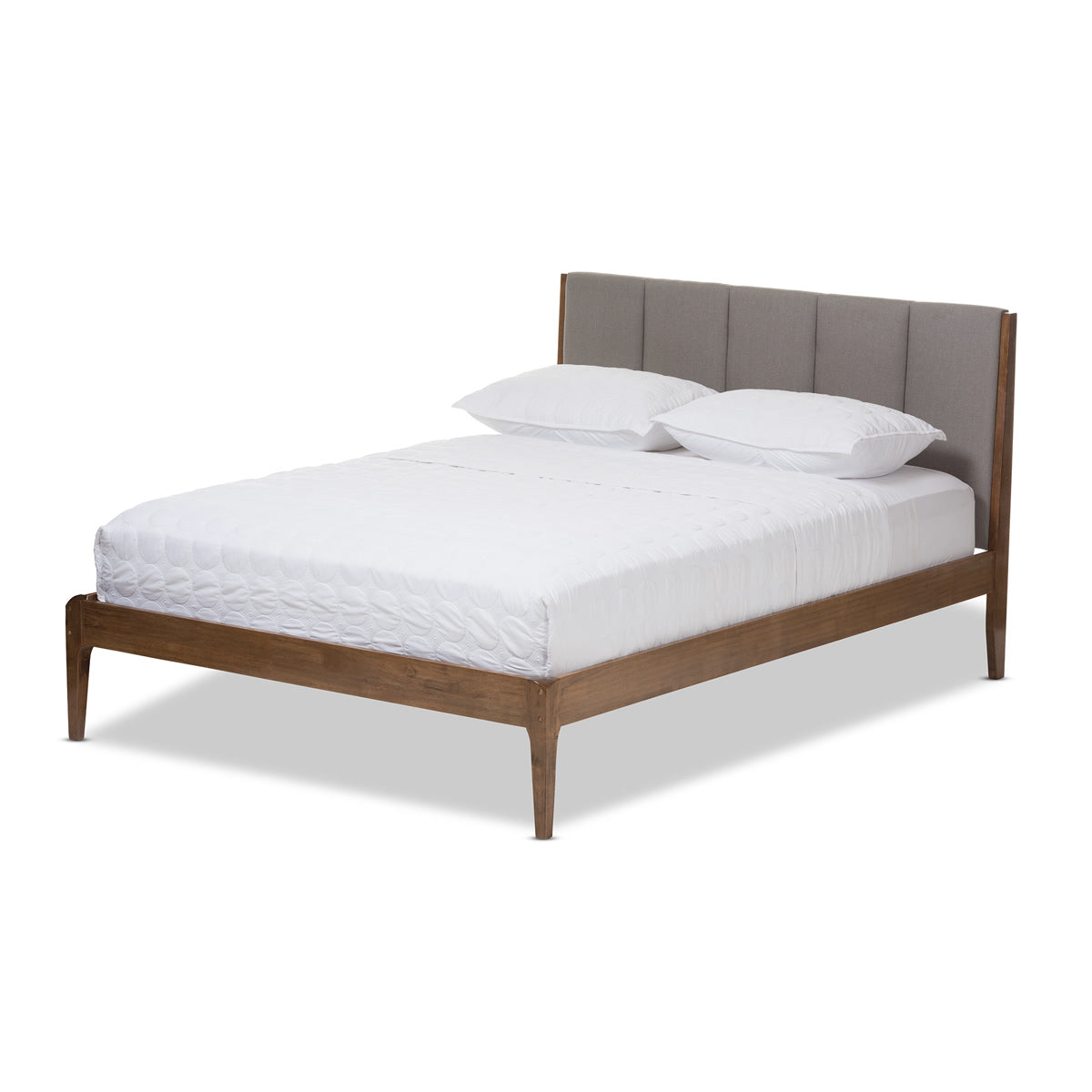 Baxton Studio Ember Mid-Century Light Grey Fabric and Medium Brown Finish Wood Queen Size Platform Bed Baxton Studio-Queen Bed-Minimal And Modern - 2