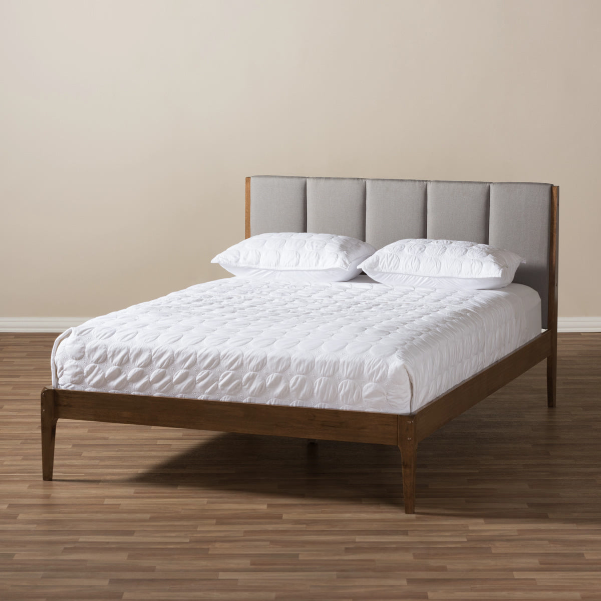 Baxton Studio Ember Mid-Century Light Grey Fabric and Medium Brown Finish Wood King Size Platform Bed Baxton Studio-King Bed-Minimal And Modern - 8