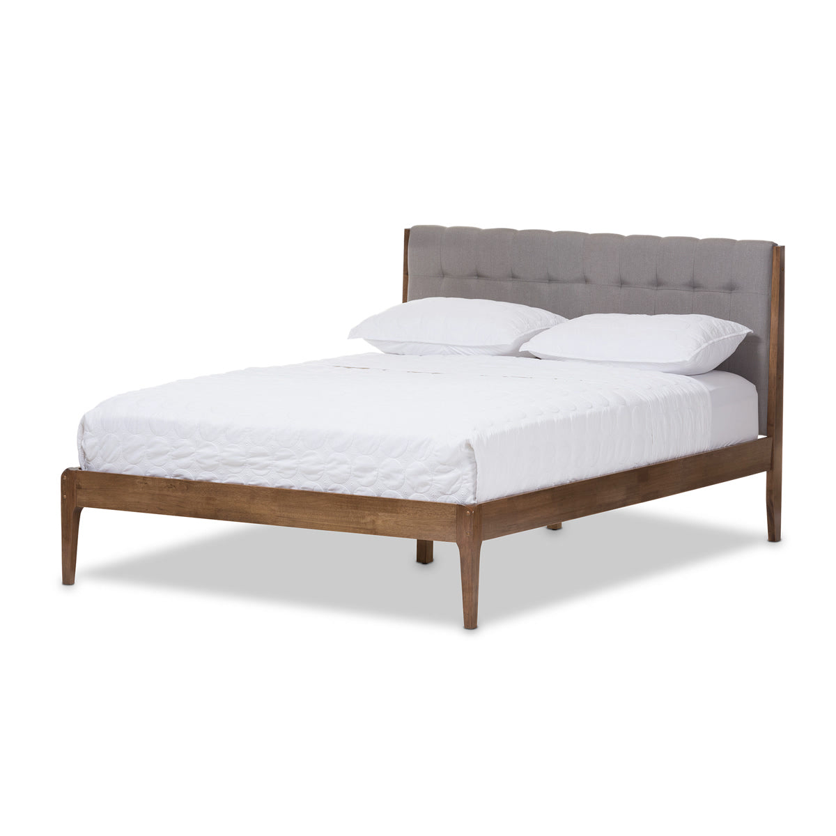Baxton Studio Clifford Mid-Century Light Grey Fabric and Medium Brown Finish Wood Queen Size Platform Bed Baxton Studio-Queen Bed-Minimal And Modern - 2