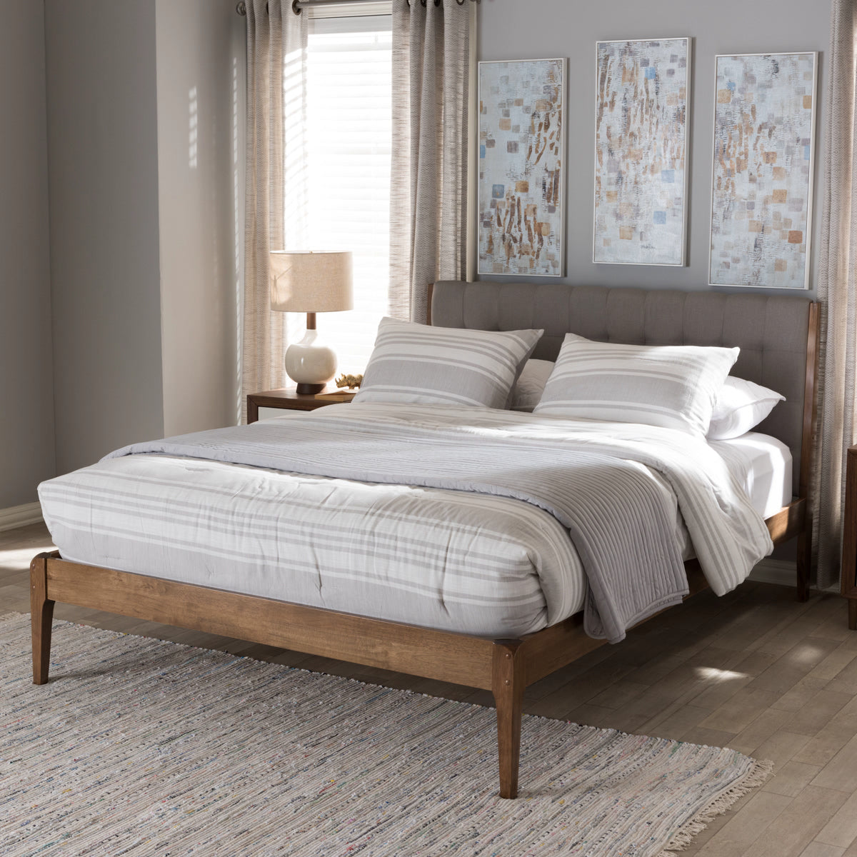 Baxton Studio Clifford Mid-Century Light Grey Fabric and Medium Brown Finish Wood Queen Size Platform Bed Baxton Studio-Queen Bed-Minimal And Modern - 7