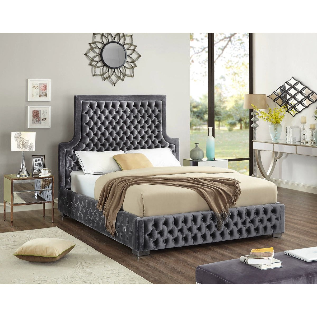 Meridian Furniture Sedona Grey Velvet Queen Bed-Minimal & Modern