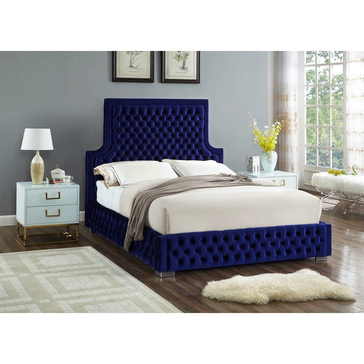 Meridian Furniture Sedona Navy Velvet Queen Bed-Minimal & Modern