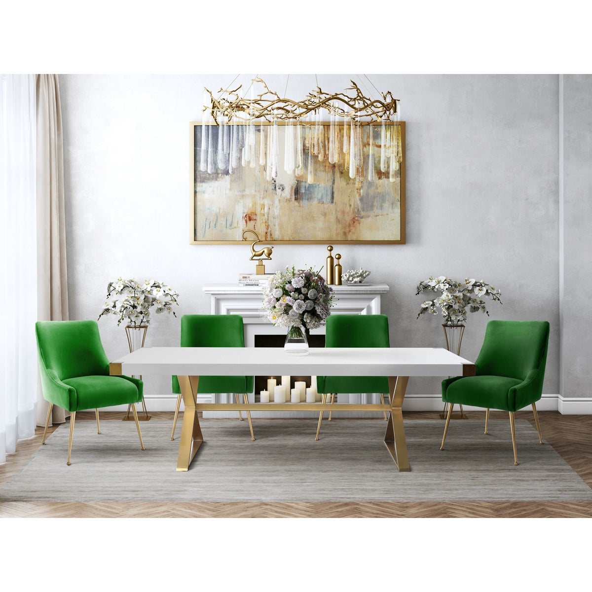 TOV Furniture Modern Adeline White & Gold Rectangular Dining Table & 4 Green Beatrix Chairs-Minimal & Modern