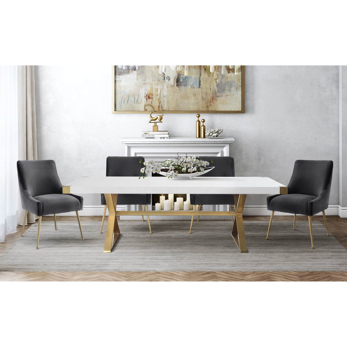 TOV Furniture Modern Adeline White & Gold Rectangular Dining Table & 4 Grey Beatrix Chairs-Minimal & Modern