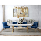 TOV Furniture Modern Adeline White & Gold Rectangular Dining Table & 4 Navy Beatrix Chairs-Minimal & Modern