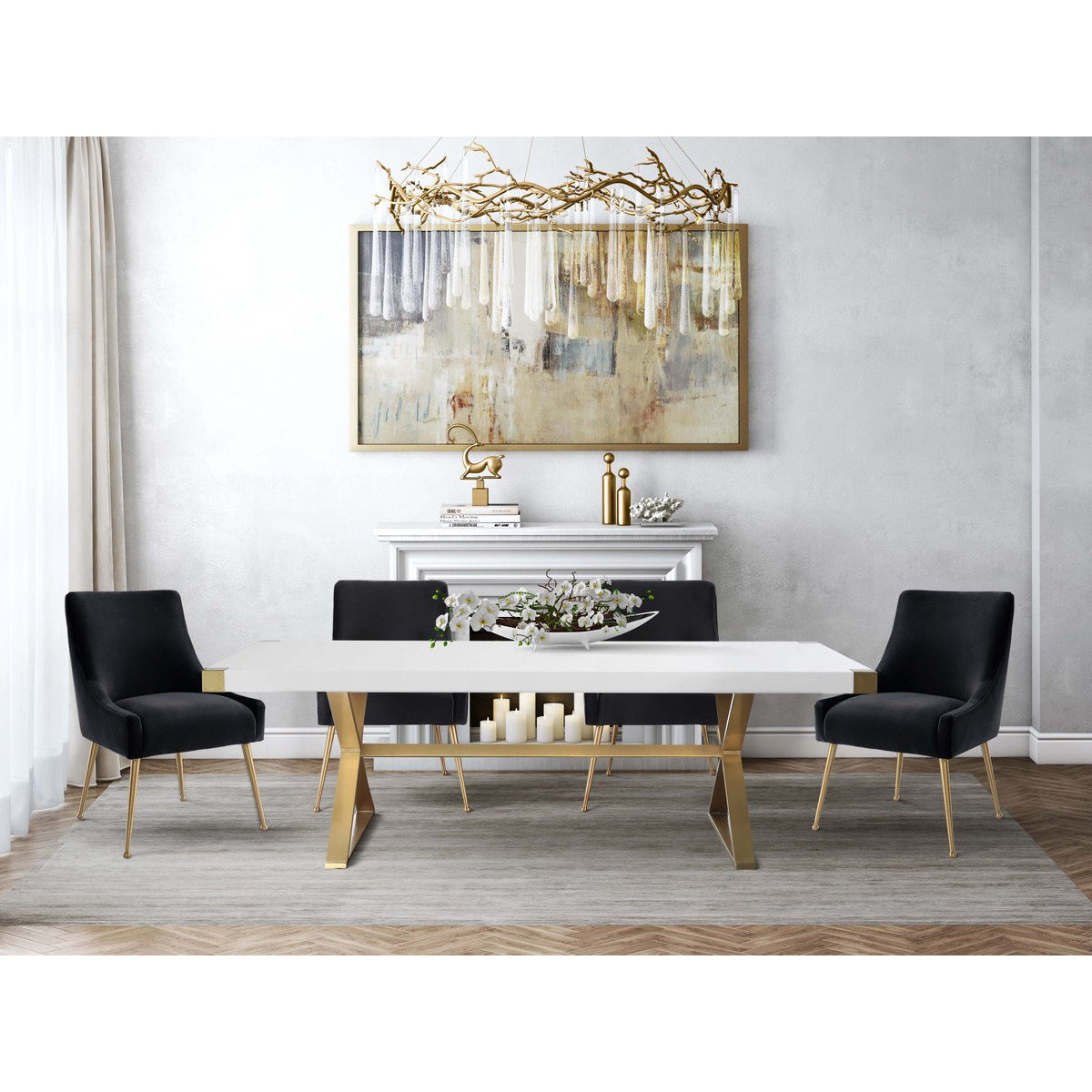 TOV Furniture Modern Adeline White & Gold Rectangular Dining Table & 4 Black Beatrix Chairs