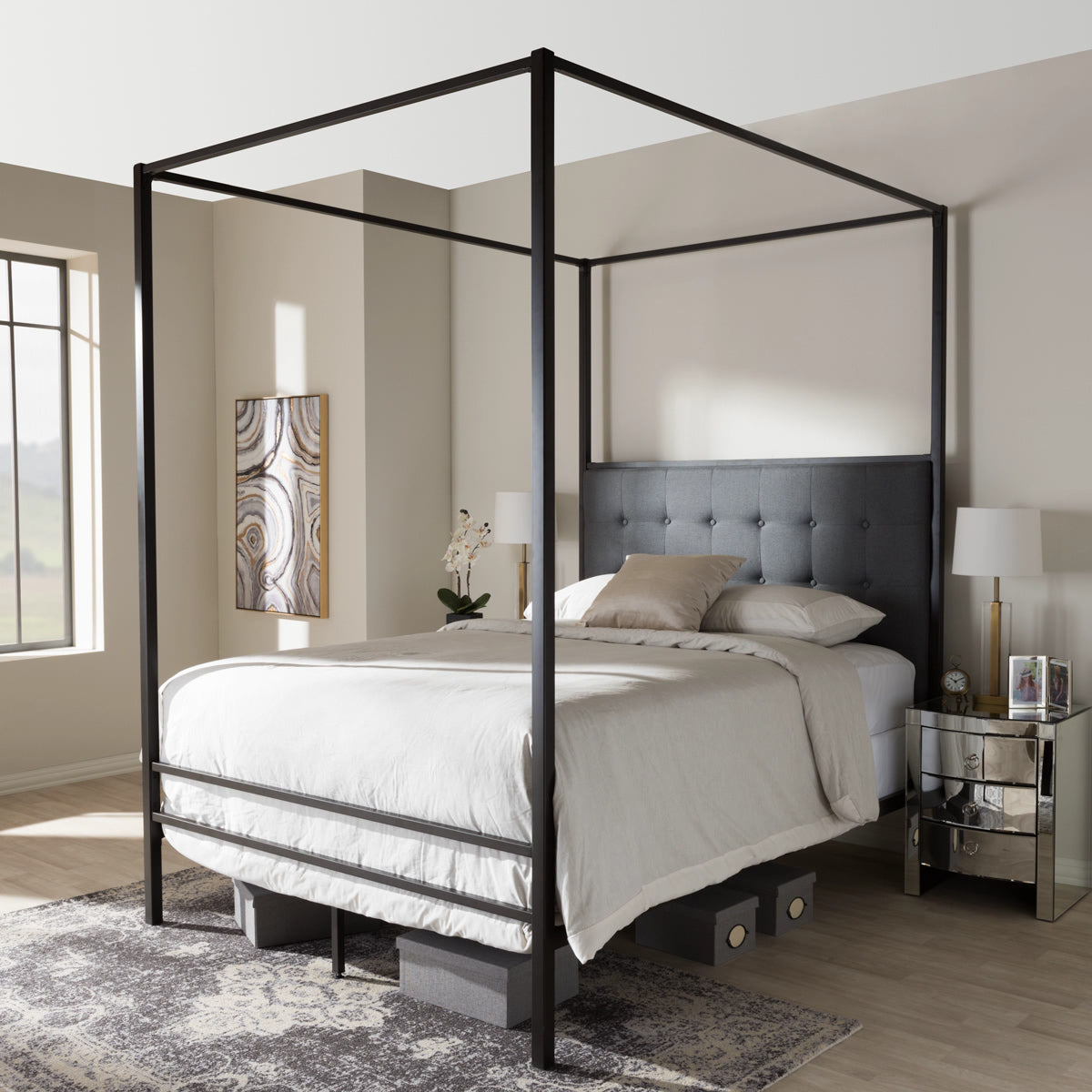Baxton Studio Eleanor Vintage Industrial Black Finished Metal Canopy Queen Bed Baxton Studio-Queen Bed-Minimal And Modern - 1