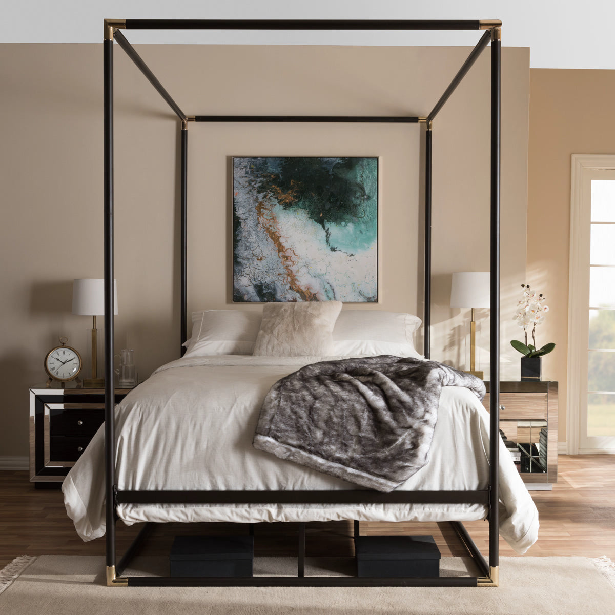 Baxton Studio Eva Vintage Industrial Black Finished Metal Canopy Queen Bed Baxton Studio-Queen Bed-Minimal And Modern - 1