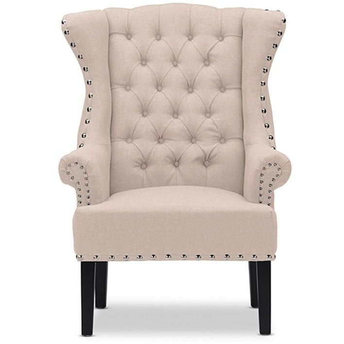 Baxton Studio Knuckey French Country Beige Linen Nail Head Wing Back Armchair Baxton Studio-chairs-Minimal And Modern - 1
