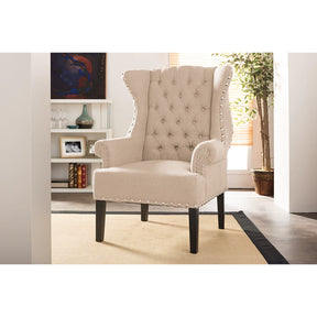 Baxton Studio Knuckey French Country Beige Linen Nail Head Wing Back Armchair Baxton Studio-chairs-Minimal And Modern - 7