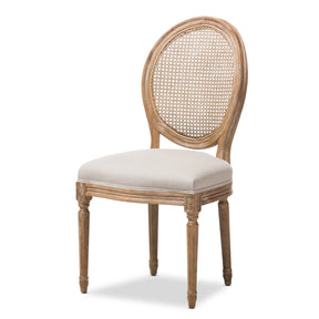 Baxton Studio Adelia French Vintage Cottage Weathered Oak Finish Wood and Beige Fabric Upholstered Dining Side Chair with Round Cane Back Baxton Studio-dining chair-Minimal And Modern - 2