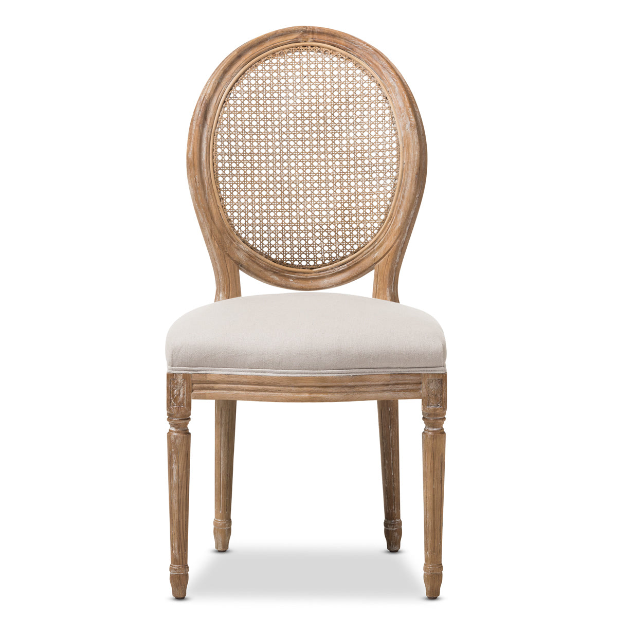 Baxton Studio Adelia French Vintage Cottage Weathered Oak Finish Wood and Beige Fabric Upholstered Dining Side Chair with Round Cane Back Baxton Studio-dining chair-Minimal And Modern - 3