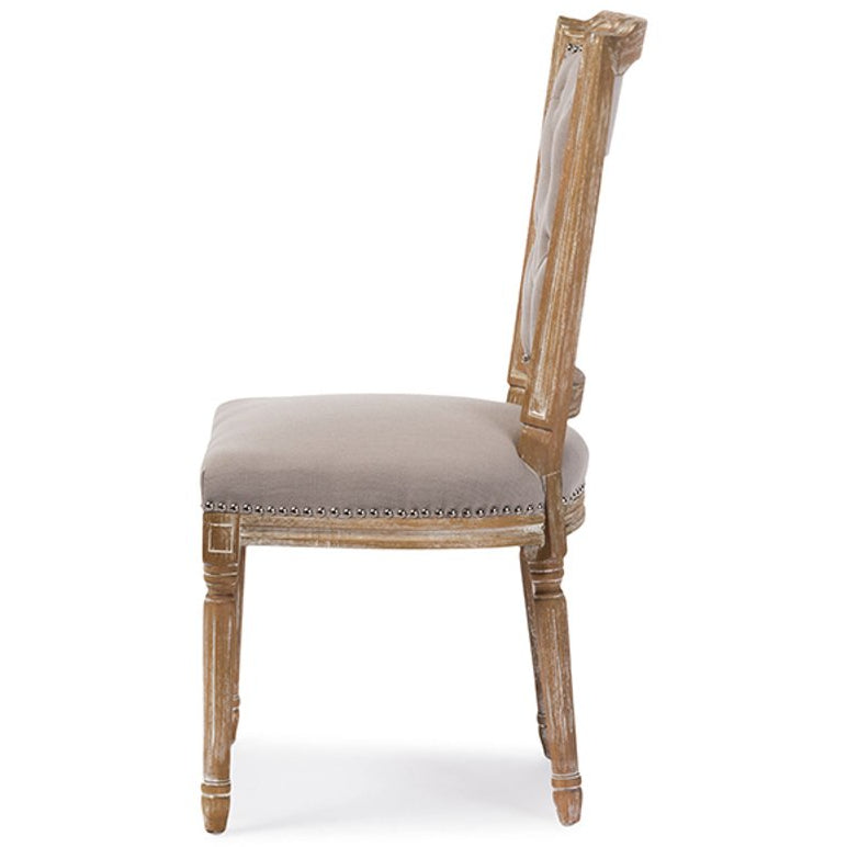 Baxton Studio Estelle Chic Rustic French Country Cottage Weathered Oak Beige Fabric Button-tufted Upholstered Dining Chair Baxton Studio-dining chair-Minimal And Modern - 3