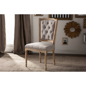 Baxton Studio Estelle Chic Rustic French Country Cottage Weathered Oak Beige Fabric Button-tufted Upholstered Dining Chair Baxton Studio-dining chair-Minimal And Modern - 7