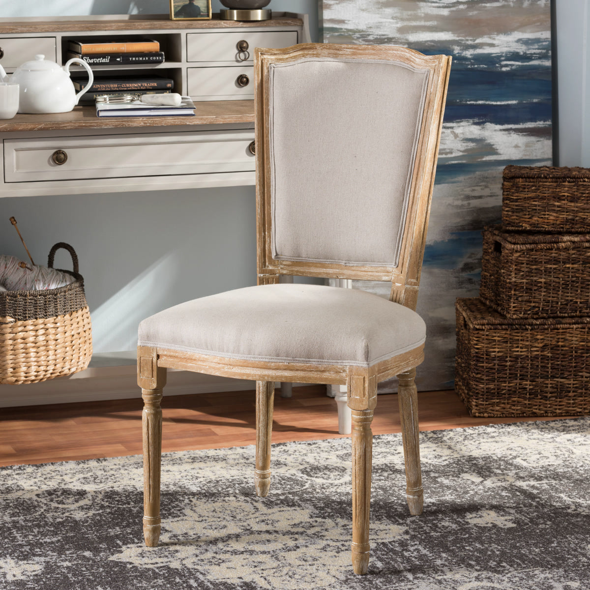 Baxton Studio Cadencia French Vintage Cottage Weathered Oak Finish Wood and Beige Fabric Upholstered Dining Side Chair Baxton Studio-dining chair-Minimal And Modern - 1