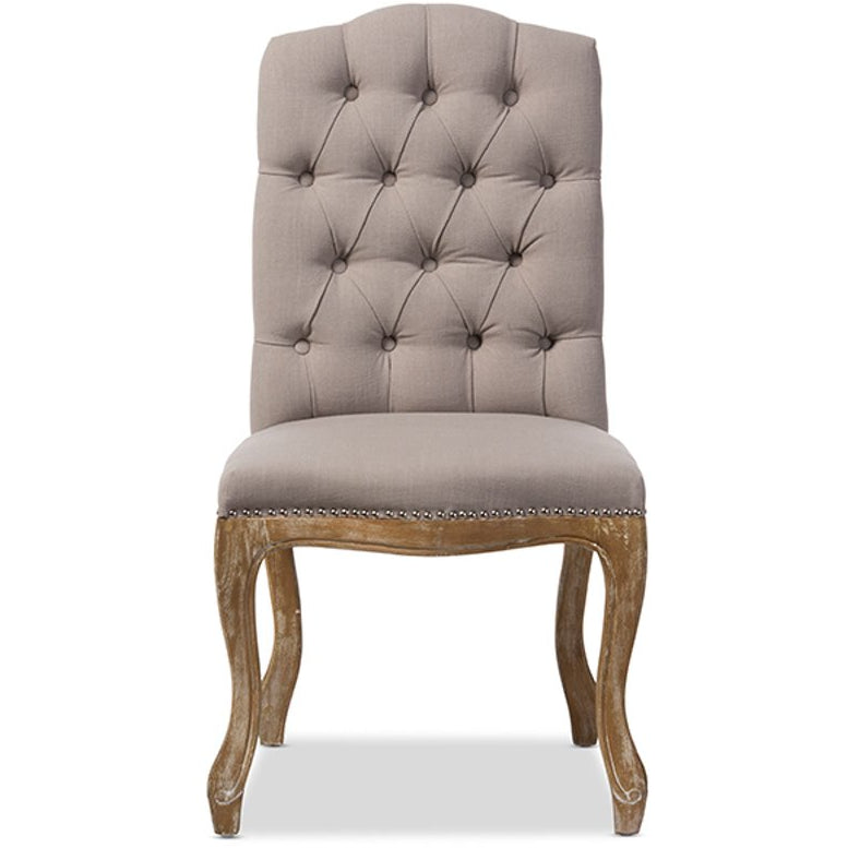 Baxton Studio Hudson Chic Rustic French Country Cottage Weathered Oak Beige Fabric Button-tufted Upholstered Dining Chair Baxton Studio-dining chair-Minimal And Modern - 1