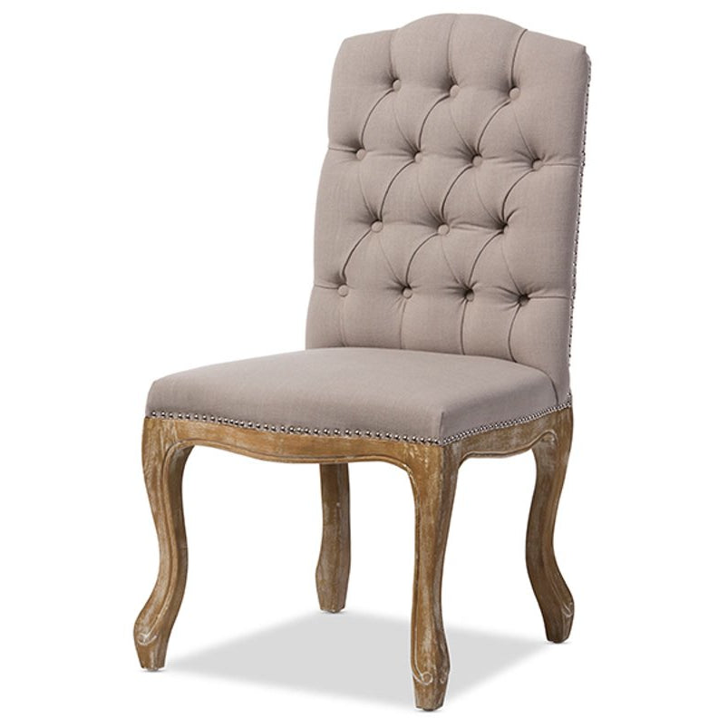 Baxton Studio Hudson Chic Rustic French Country Cottage Weathered Oak Beige Fabric Button-tufted Upholstered Dining Chair Baxton Studio-dining chair-Minimal And Modern - 2