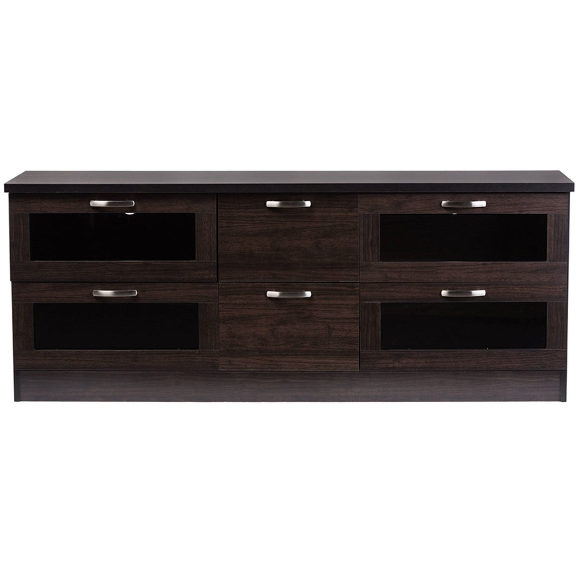 Baxton Studio Adelino 63 Inches Dark Brown Wood TV Cabinet with 4 Glass Doors and 2 Drawers Baxton Studio-TV Stands-Minimal And Modern - 1