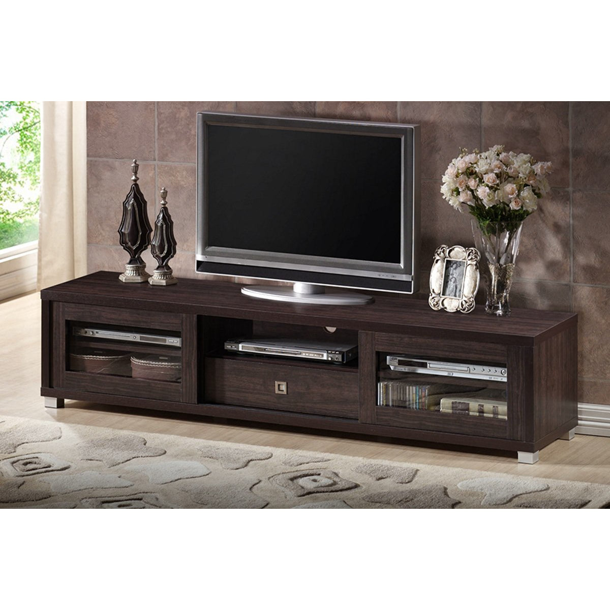 Baxton Studio Beasley 70-Inch Dark Brown TV Cabinet with 2 Sliding Doors and Drawer Baxton Studio-TV Stands-Minimal And Modern - 7