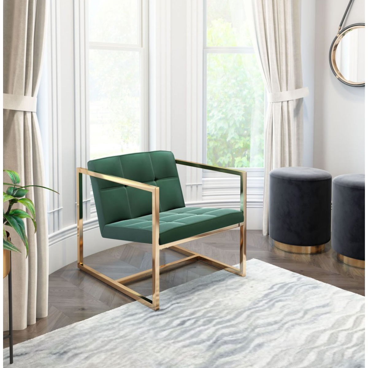 Vibrant Armchair In Green Velvet & Gold