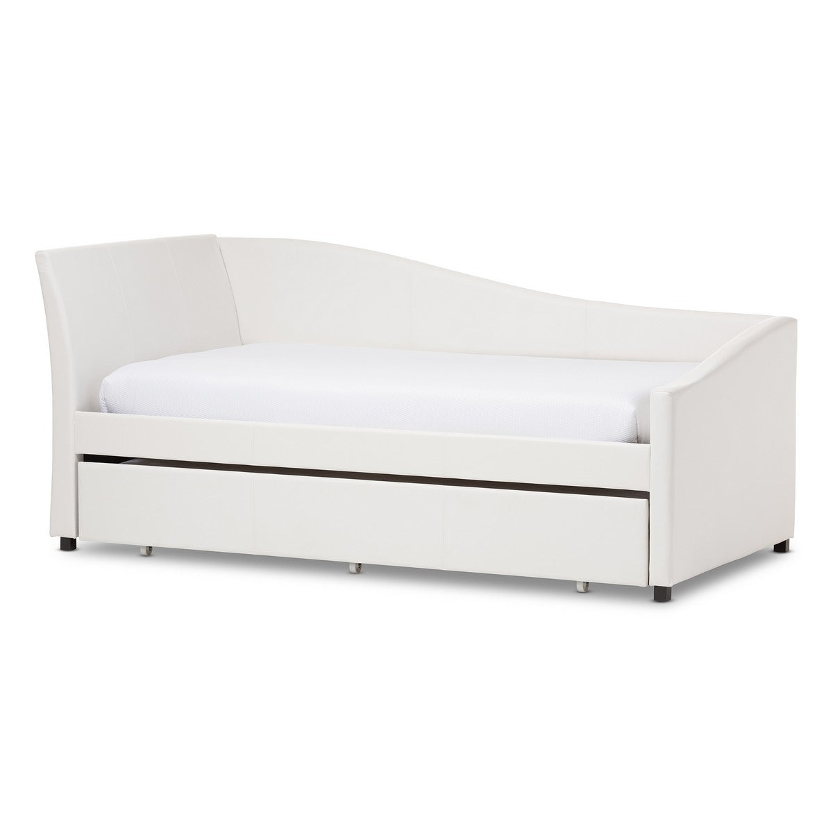 Baxton Studio Vera Modern and Contemporary White Faux Leather Upholstered Curved Sofa Twin Daybed with Roll-Out Trundle Guest Bed Baxton Studio-daybed-Minimal And Modern - 1