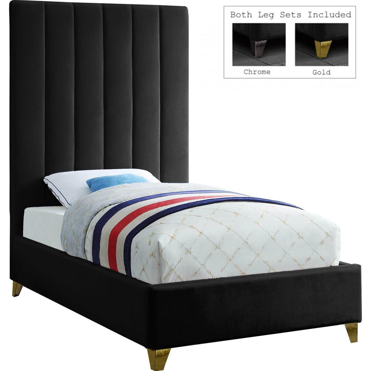 Meridian Furniture Via Black Velvet Twin BedMeridian Furniture - Twin Bed - Minimal And Modern - 1