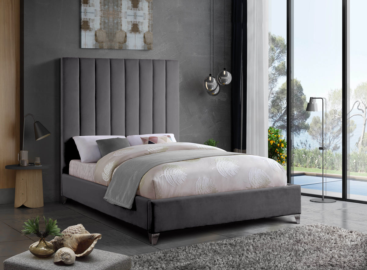 Meridian Furniture Via Grey Velvet Queen Bed