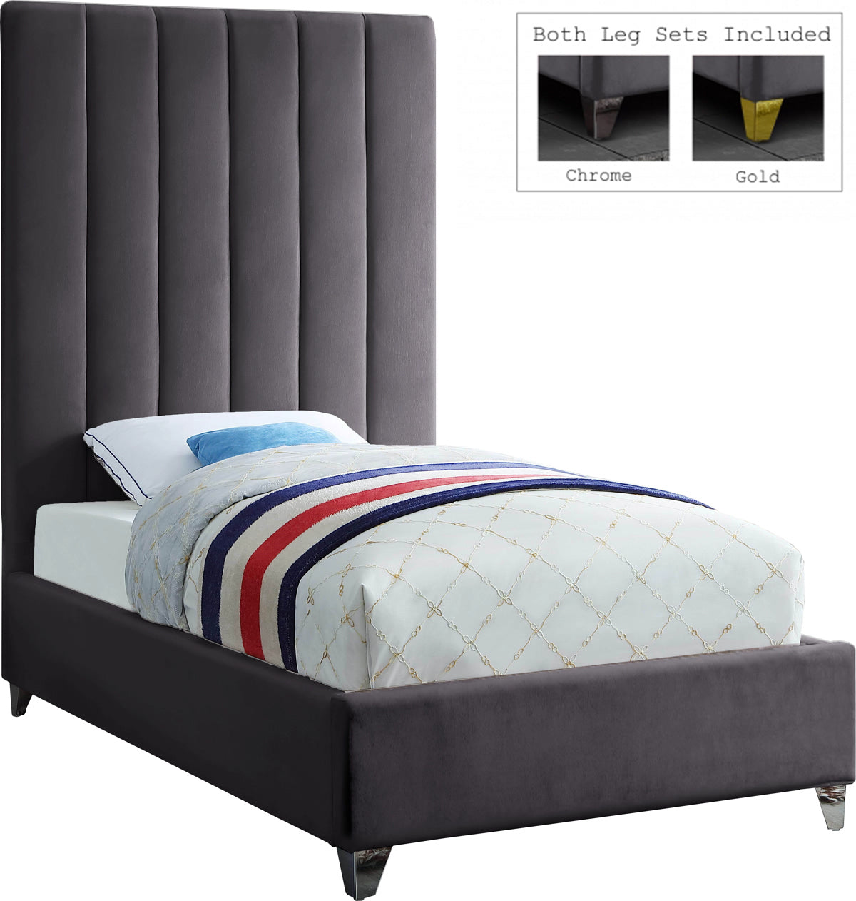 Meridian Furniture Via Grey Velvet Twin Bed