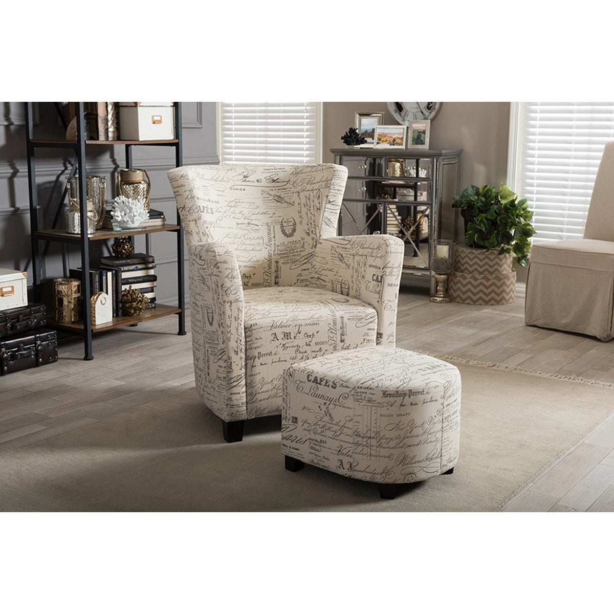 Baxton Studio Benson French Script Patterned Fabric Club Chair and Ottoman Set Baxton Studio-chairs-Minimal And Modern - 9