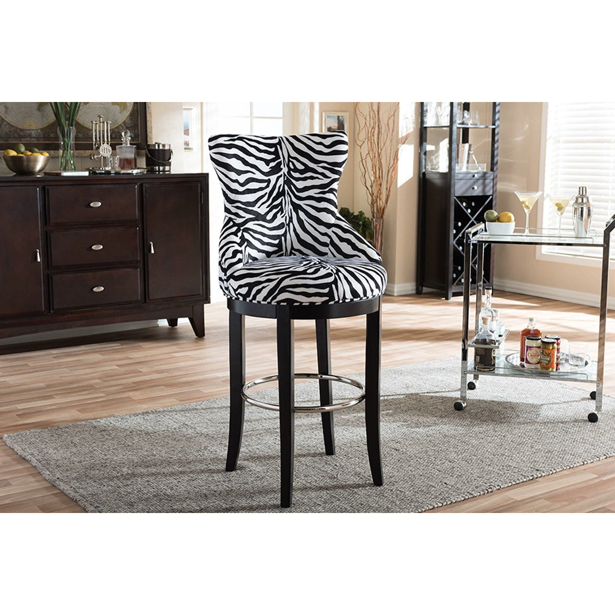 Baxton Studio Peace Modern and Contemporary Zebra-print Patterned Fabric Upholstered Bar Stool with Metal Footrest Baxton Studio-Bar Stools-Minimal And Modern - 6