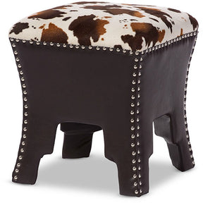 Baxton Studio Sally Modern and Contemporary Cow-print Patterned Fabric Brown Faux Leather Upholstered Accent Stool with Nail heads Baxton Studio-benches-Minimal And Modern - 1