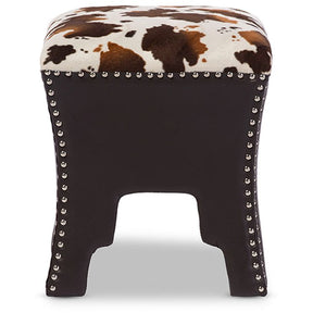 Baxton Studio Sally Modern and Contemporary Cow-print Patterned Fabric Brown Faux Leather Upholstered Accent Stool with Nail heads Baxton Studio-benches-Minimal And Modern - 2