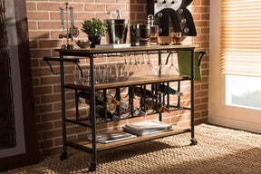 Baxton Studio Bradford Rustic Industrial Style Antique Black Textured Finish Metal Distressed Wood Mobile Kitchen Bar Serving Wine Cart