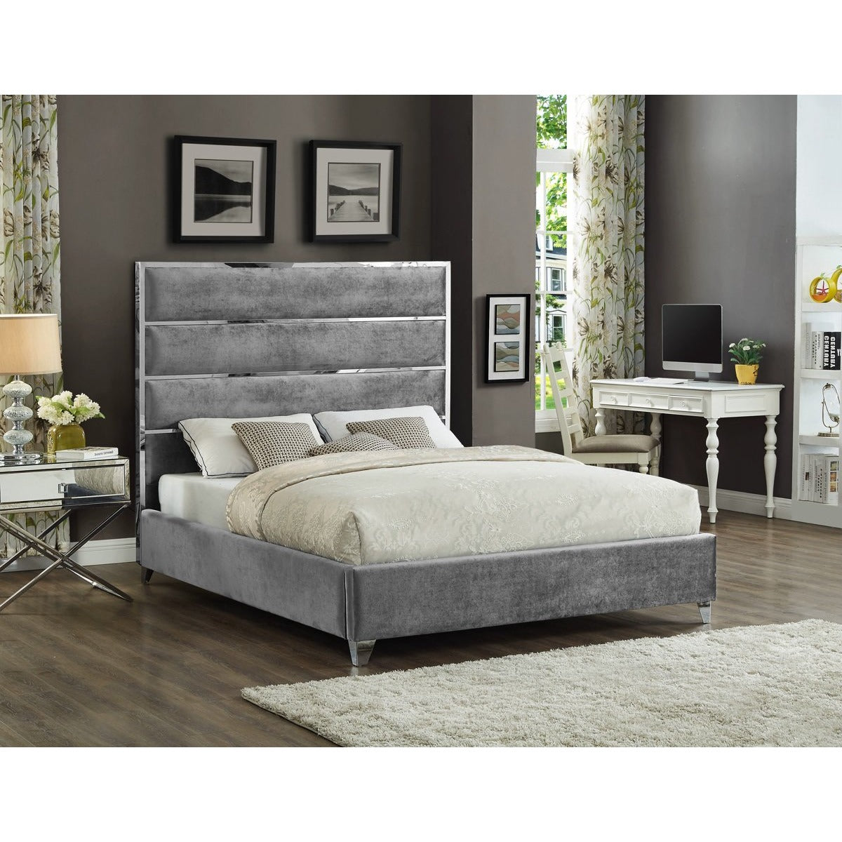 Meridian Furniture Zuma Grey Velvet Queen Bed-Minimal & Modern